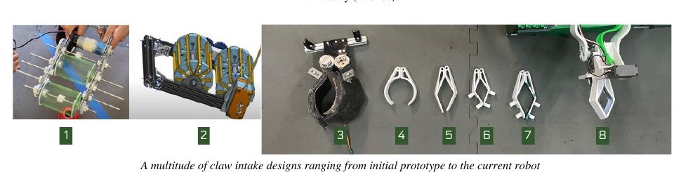 Eight physical and CAD claw iterations from the Green Griffins season