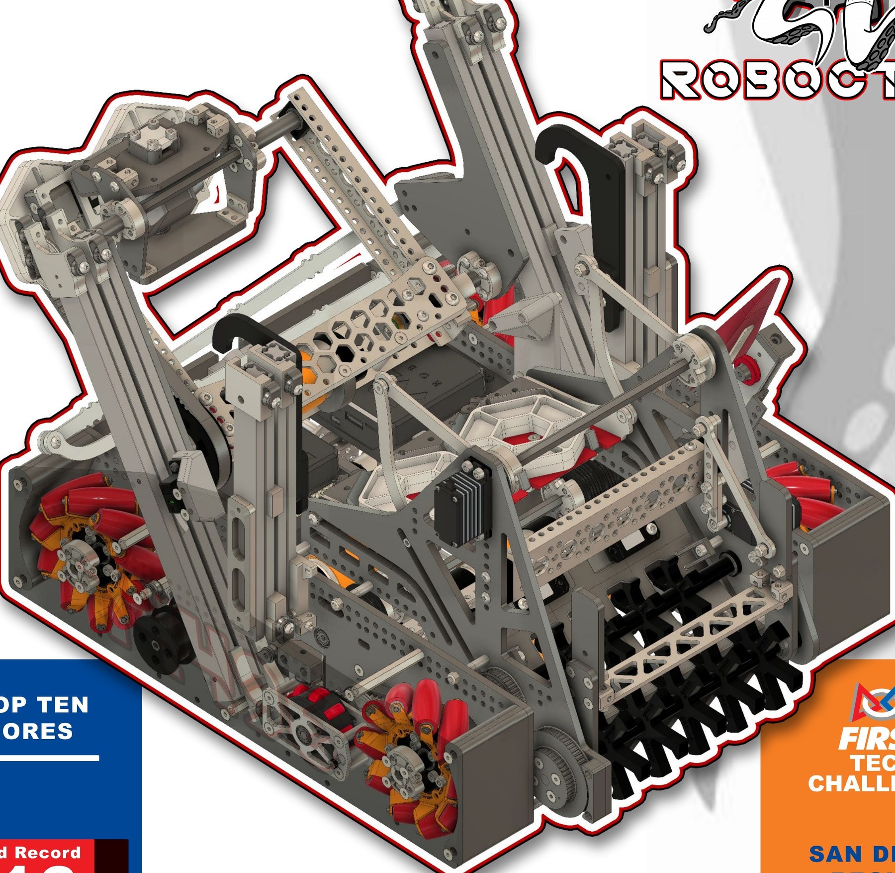 Detailed Fusion 360 CAD rendering of the Roboctopi Centerstage robot