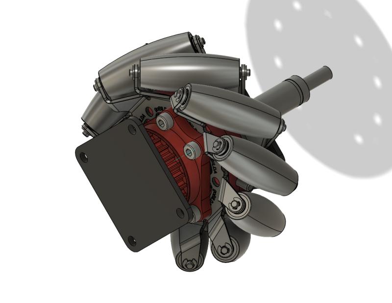 CAD side view of the servo and linkage around a mecanum wheel