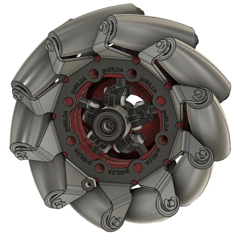 CAD front view of a mecanum wheel with its roller-locking linkage installed