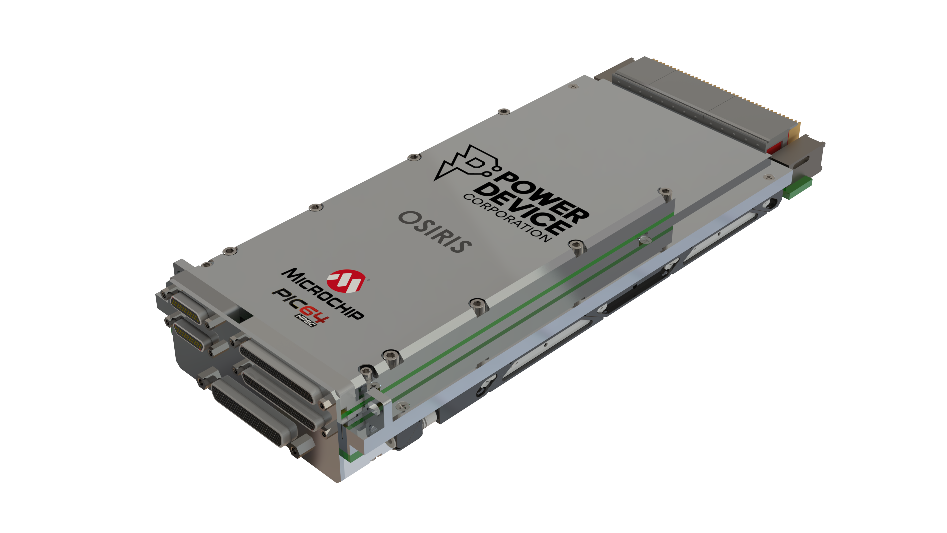 Rendered HPSC electronics assembly with its PCB, frame, and thermal hardware visible
